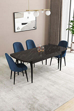 Fonza Siyah Mermer Desen 80x132 MDF Açılabilir Mutfak Masası Takımı 4  Sandalye