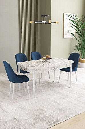Ikon Beyaz Mermer Desen 80x132 MDF Açılabilir Yemek Masası Takımı 4  Sandalye