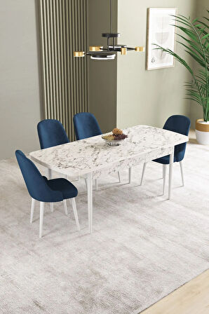 Ikon Beyaz Mermer Desen 80x132 MDF Açılabilir Yemek Masası Takımı 4  Sandalye