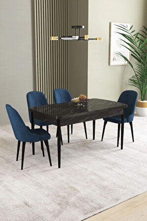 Ikon Siyah Mermer Desen 80x132 MDF Açılabilir Yemek Masası Takımı 4  Sandalye