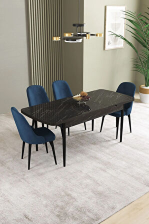 Ikon Siyah Mermer Desen 80x132 MDF Açılabilir Yemek Masası Takımı 4  Sandalye