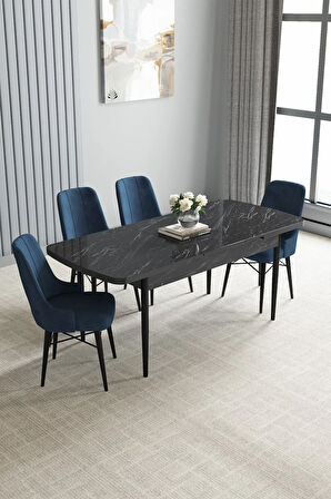 Jusie Siyah Mermer Desen 80x132 Açılabilir Mutfak Masası Takımı 4  Sandalye