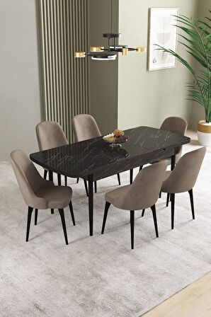Lima Beyaz Mermer Desen 80x132 MDF Açılabilir Mutfak Masası Takımı 4  Sandalye