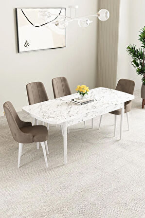 Lima Beyaz 80x132 MDF Açılabilir Mutfak Masası Takımı 4  Sandalye