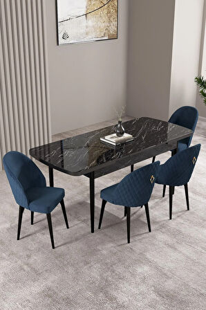 Lima Siyah Mermer Desen 80x132 MDF Açılabilir Mutfak Masası Takımı 4  Sandalye