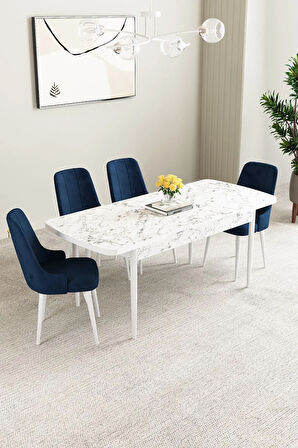 Mabel Beyaz Mermer Desen 80x132 MDF Açılabilir Mutfak Masası Takımı 4  Sandalye