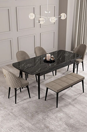 Milas Siyah Mermer Desen 80x132 MDF Açılabilir Mutfak Masası Takımı 4  Sandalye