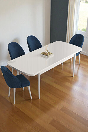 Mura Beyaz 80x132 Açılabilir Mdf Masa Yemek Odası Takımı, Mutfak Takımı 4 Adet Sandalye