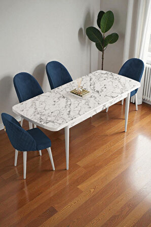Mura Beyaz Mermer 80x132 Açılabilir Mdf Masa Yemek Odası Takımı, Mutfak Takımı 4 Adet Sandalye