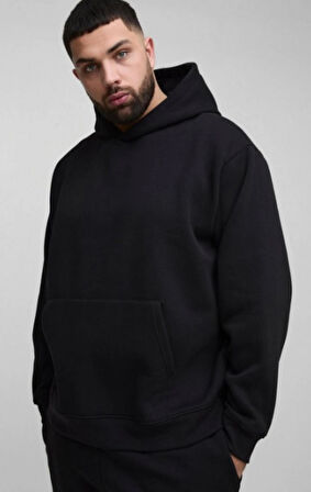 Siyah Kanguru Model Oversize Plus Size Kalıp Erkek Büyük Beden Sweatshirt