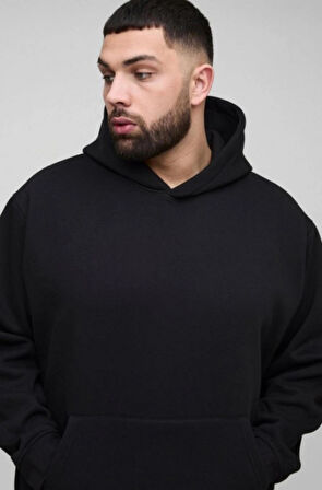Siyah Kanguru Model Oversize Plus Size Kalıp Erkek Büyük Beden Sweatshirt