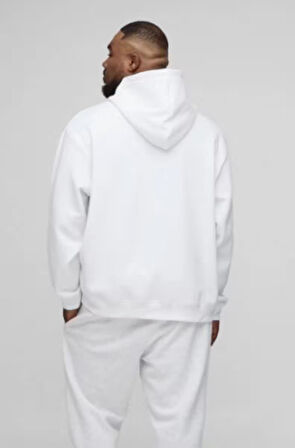 Beyaz Kanguru Model Oversize Plus Size Kalıp Erkek Büyük Beden Sweatshirt