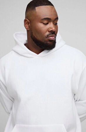 Beyaz Kanguru Model Oversize Plus Size Kalıp Erkek Büyük Beden Sweatshirt