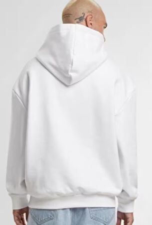 Beyaz Kanguru Model Oversize Kalıp Erkek Sweatshirt