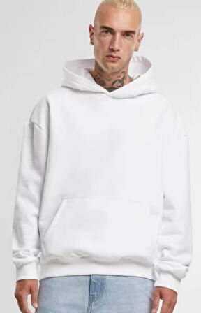 Beyaz Kanguru Model Oversize Kalıp Erkek Sweatshirt