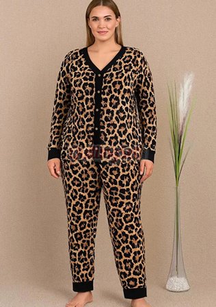 Siyah Renkli ve Leopar Desenli 11425 Kadın Uzun Kol Önden Düğmeli Büyük Beden Anne Pijama Takımı