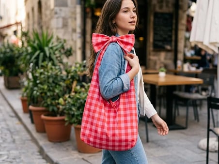   Kadın Kırmızı ekose  kareli   Bağlamalı Büyük Kumaş Omuz Çantası 