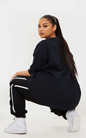 Siyah Bisiklet Oversize Unisex Tişört Büyük Beden Kompakt Penye Rahat Kesim Spor T-shirt