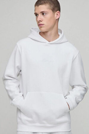 Beyaz Hoodie Model Oversize Battal Kalıp Erkek Spor Sweatshirt