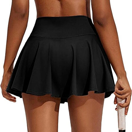 Siyah Yüksek Bel Tenis Etek - DARKALIP Şort Etek - Cepli Mini Spor Etek- İçi Taytlı Çift Katman