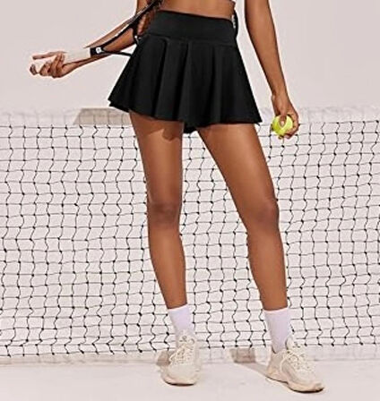 Siyah Yüksek Bel Tenis Etek - DARKALIP Şort Etek - Cepli Mini Spor Etek- İçi Taytlı Çift Katman