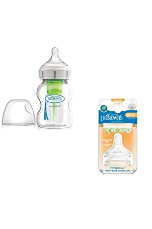Dr Brown's 150ml Geniş Ağız Cam Biberon + Biberon Uyumlu 6+ Geniş Ağız Emzik Paket