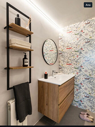 Lara Banyo Düzenleyici Ve Rafı Siyah Metal, Meşe Raf