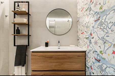 Lara Banyo Düzenleyici Ve Rafı Siyah Metal, Meşe Raf