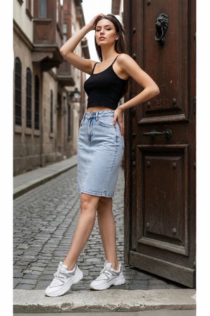 Kadın Jeans Arka Yırtmaçlı Cepli Günlük Denim Kot Etek Yeni Sezon 1