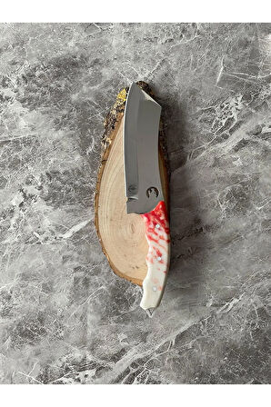 Satır Model Kaplan Desenli Kamp Bıçağı – Epoksi Kabze, Kılıflı, Cam-Buz Kırmalı, İp Takmalı