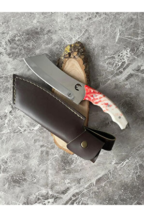 Satır Model Kaplan Desenli Kamp Bıçağı – Epoksi Kabze, Kılıflı, Cam-Buz Kırmalı, İp Takmalı