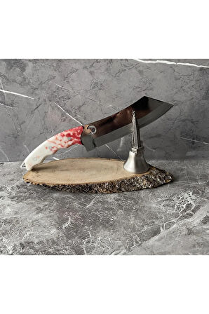 Satır Model Kaplan Desenli Kamp Bıçağı – Epoksi Kabze, Kılıflı, Cam-Buz Kırmalı, İp Takmalı