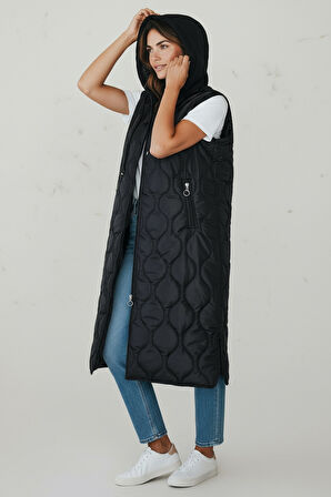 KADIN ÖNÜ FERMUARLI YANLARDAN CEPLİ KAPÜŞONLU KAPİTONE YELEK