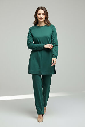 KADIN TUNİK ÖNÜ DİKİŞLİ ALTI BANTLI PANTOLONUN BELİ LASTİKLİ ÖNÜ DİKİŞLİ İKİLİ TAKIM