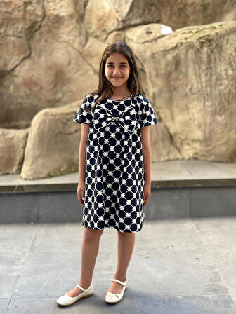 Kız Çocuk Pamuklu Çiçek Nakışlı Fiyonklu Yazlık Lacivert Elbise