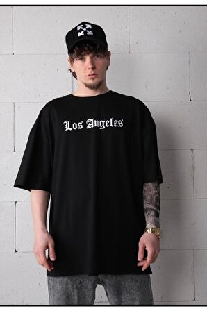 Los Angeles Baskılı Oversize Siyah T-shirt