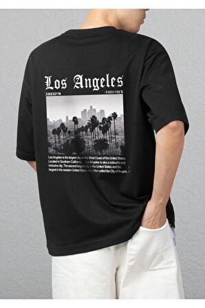 Los Angeles Baskılı Oversize Siyah T-shirt