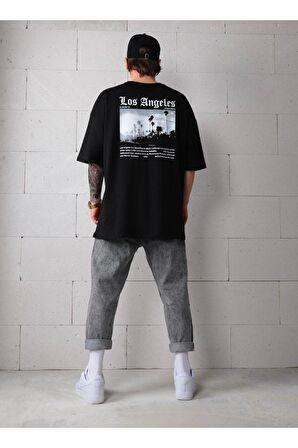 Los Angeles Baskılı Oversize Siyah T-shirt