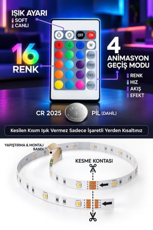 RGB Şerit Led Kumandalı 5 Metre 4 Animasyonlu 16 Renk Tak Çalıştır Şerit LED Işık Aydınlatma