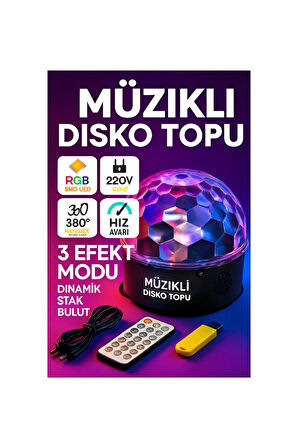 Bluetooth Hoparlörlü Disko Topu Işık USB Müzik Çalar, Kumandalı,360° Eğlence Lambası