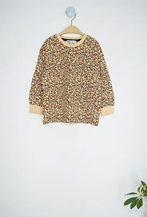 Leopar Kalp Desenli Kahverengi %95 Pamuk Uzun Kollu Kız Çocuk Pijama Takımı (3,4,5,6,7,8 Yaş)