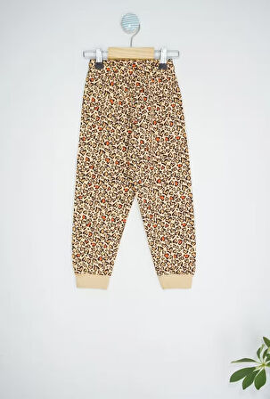 Leopar Kalp Desenli Kahverengi %95 Pamuk Uzun Kollu Kız Çocuk Pijama Takımı (3,4,5,6,7,8 Yaş)