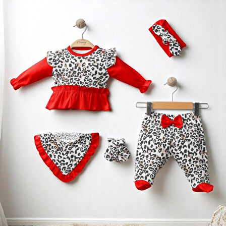 kız bebek leopar desenli 0-3 ay 5 li set %100 pamuk