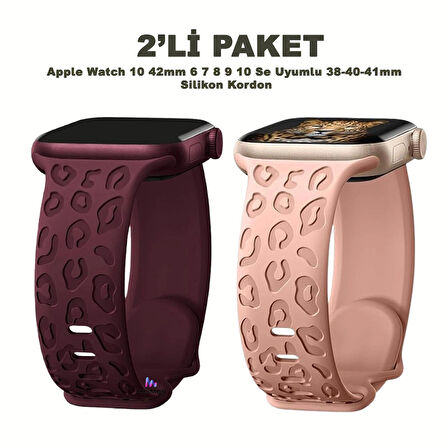 Apple Watch 10 42mm – 6 7 8 9 10 Se Uyumlu 38-40-41mm Leopar Desenli 2'li Silikon Kordon Seti