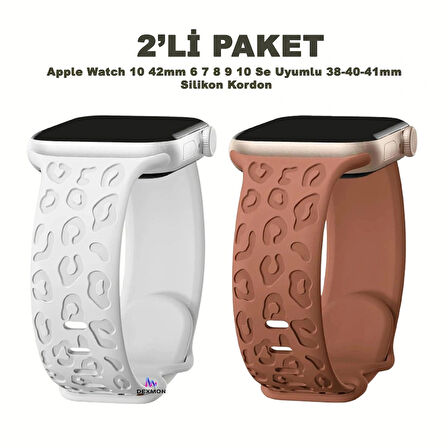 Apple Watch 10 42mm – 6 7 8 9 10 Se Uyumlu 38-40-41mm Leopar Desenli 2'li Silikon Kordon Seti