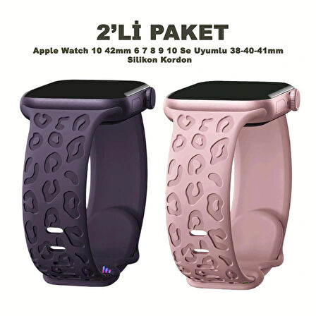 Apple Watch 10 42mm – 6 7 8 9 10 Se Uyumlu 38-40-41mm Leopar Desenli 2'li Silikon Kordon Seti
