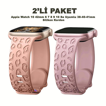 Apple Watch 10 42mm – 6 7 8 9 10 Se Uyumlu 38-40-41mm Leopar Desenli 2'li Silikon Kordon Seti