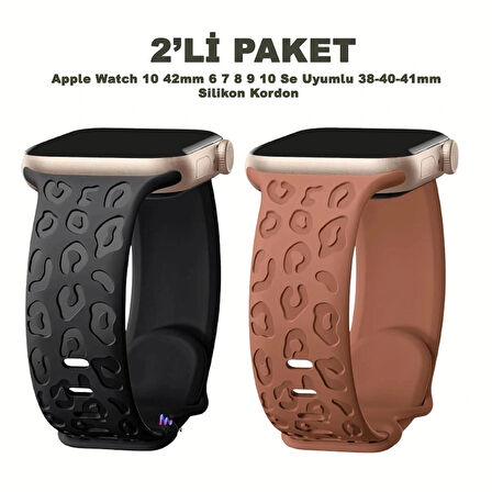 Apple Watch 10 42mm – 6 7 8 9 10 Se Uyumlu 38-40-41mm Leopar Desenli 2'li Silikon Kordon Seti