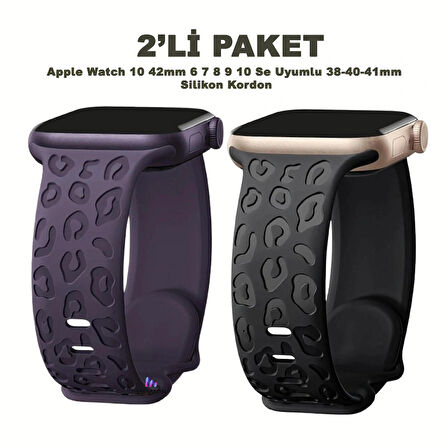 Apple Watch 10 42mm – 6 7 8 9 10 Se Uyumlu 38-40-41mm Leopar Desenli 2'li Silikon Kordon Seti