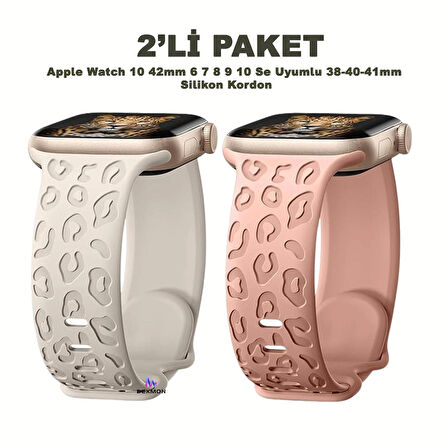Apple Watch 10 42mm – 6 7 8 9 10 Se Uyumlu 38-40-41mm Leopar Desenli 2'li Silikon Kordon Seti